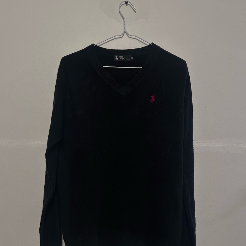 Polo by Ralph Lauren V-Neck Black Sweater with Red Logo
